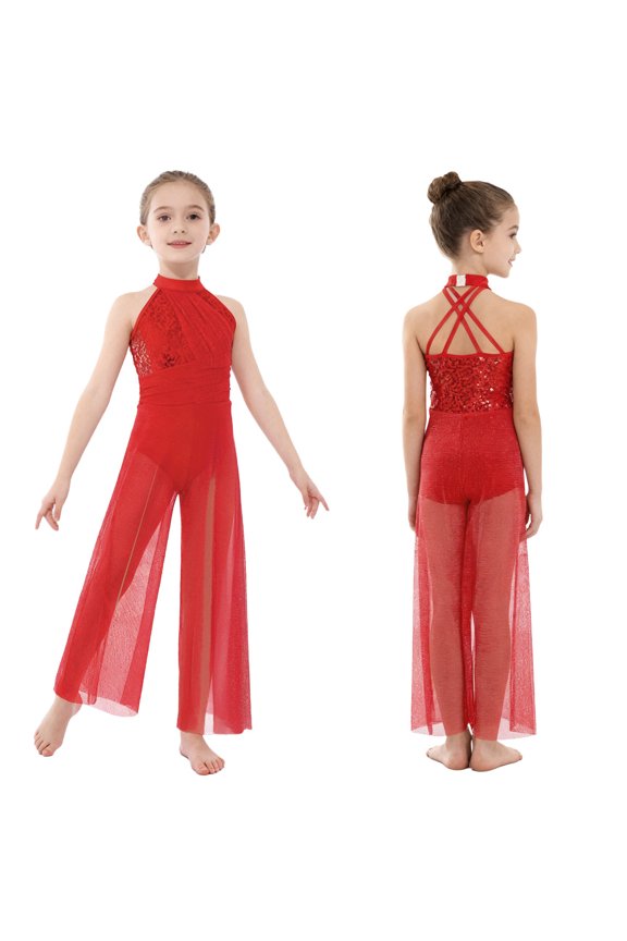 Big Girls Mesh Split Wide-Leg Bodysuit Sequins Bodice Figure Skating Jumpsuit Gymnastics Leotard Red 16