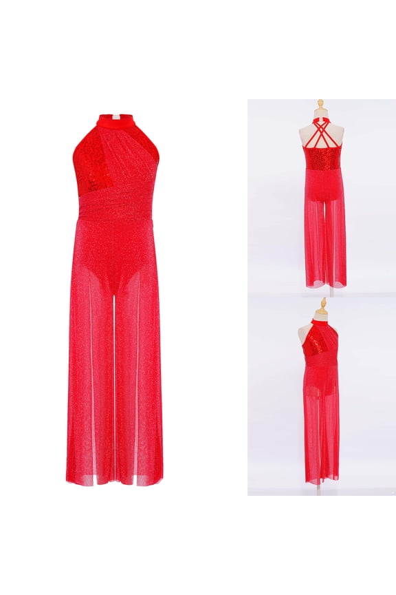 Big Girls Mesh Split Wide-Leg Bodysuit Sequins Bodice Figure Skating Jumpsuit Gymnastics Leotard Red 6