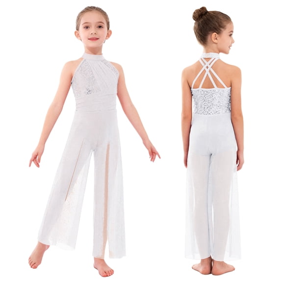 Aislor Big Girls Mesh Split Wide-Leg Bodysuit Sequins Bodice Figure Skating Jumpsuit Gymnastics Leotard White 8