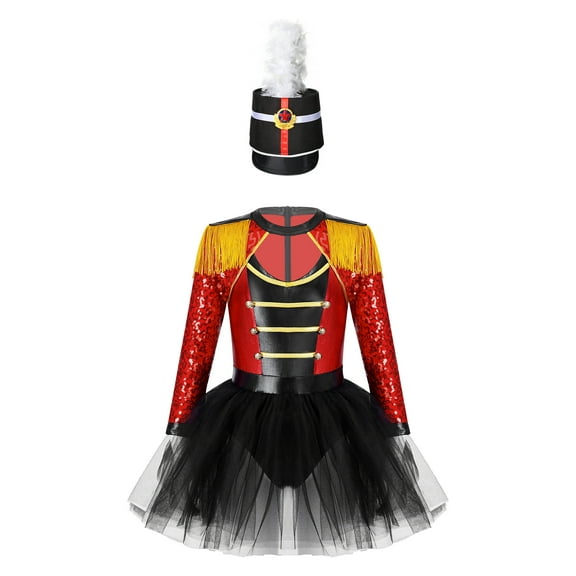 Aislor Big Girls Ringmaster Circus Show Sets Metallic Tassel Ballet Dance Dress with Feather Hat Black 14
