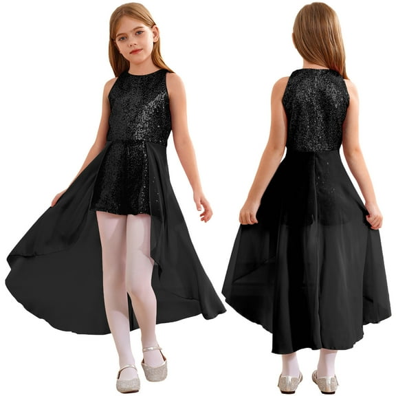 Aislor Big Girls Sequins Romper Formal Dress Birthday Evening Chiffon Ball Gown 6-16 A Black 6