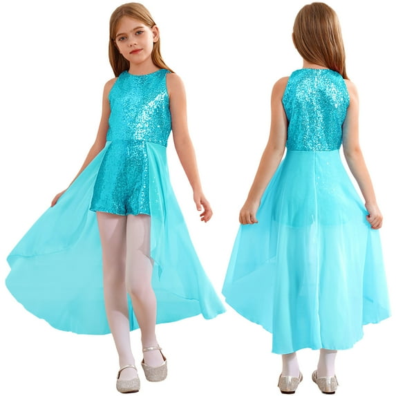 Aislor Big Girls Sequins Romper Formal Dress Birthday Evening Chiffon Ball Gown 6-16 Light Blue 12
