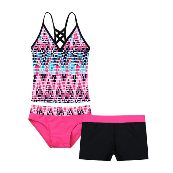 Aislor Big Girls' Youth 3pcs Tankini Swimsuit Top with Bottom Shorts Sets Swimming Bathing Suits