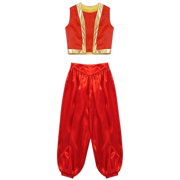 Aislor Boys Arabian Prince Costume Halloween Game Character Roleplay Outfits Open Front Vest with Pants Red 10