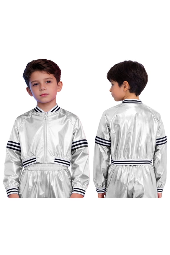 Boys Girls Metallic Hip Hop Dance Tops Full Zip Up Street Dance Jacket Disco Theme Party Outerwear Silver 6