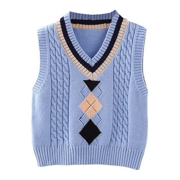 Aislor Boys Girls V Neck Knitted Sweater Vest Kids Uniform Knitwear Sleeveless Pullover Crochet Vest Top Waistcoat A Blue 9-10