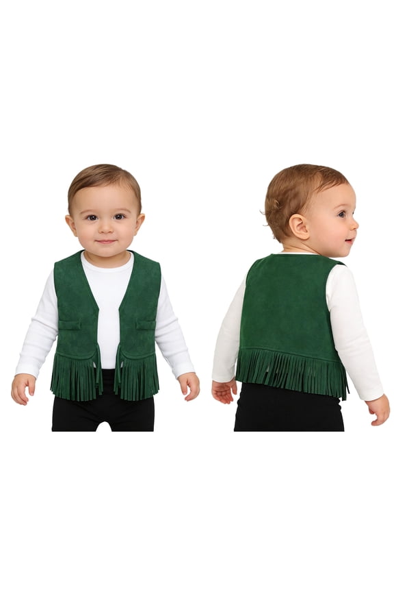 Boys Girls Western Cowboy Suede Tassel Waistcoat Halloween Hippie Vest Green 3-6M