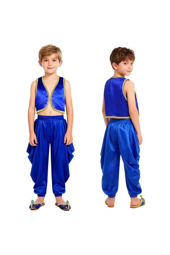 Boys Halloween Party Arabian Prince Cosplay Vest Waistcoat Top with Loose Baggy Trousers Blue 16