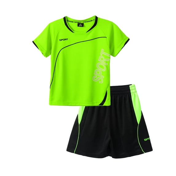 Aislor Boys Kids 2 Piece Active Performance Outfits Shorts Sleeve T-Shirts and Shorts Soccer Set Size 8-14 A Fluorescent Green 10