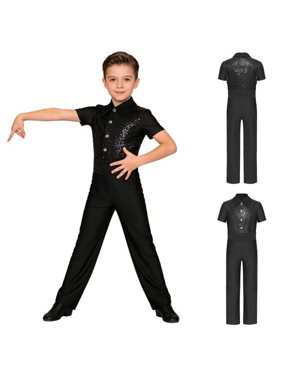 Boys Latin Dance One Piece Figure Ice Skating Jumpsuit Short Sleeve Sequins Dancewear Competitions Black 8