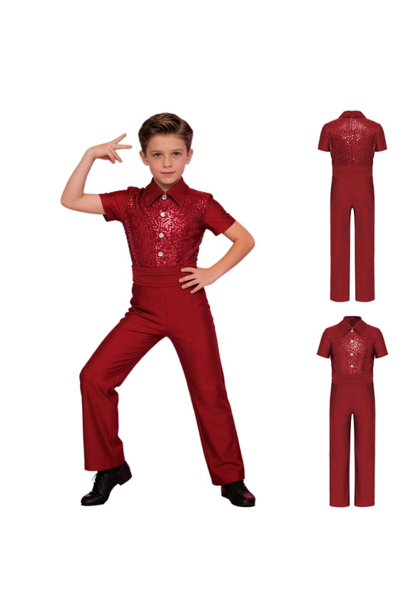Boys Latin Dance One Piece Figure Ice Skating Jumpsuit Short Sleeve Sequins Dancewear Competitions Burgundy 6