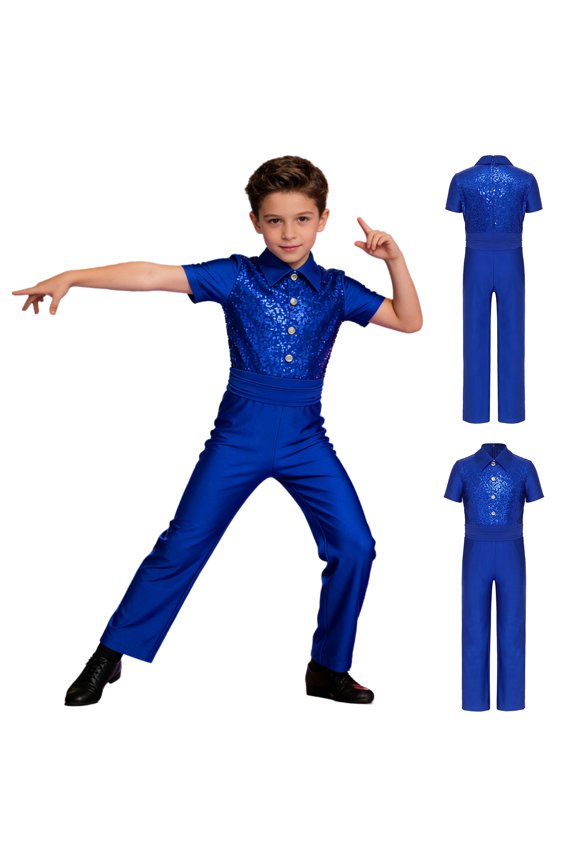 Boys Latin Dance One Piece Figure Ice Skating Jumpsuit Short Sleeve Sequins Dancewear Competitions Royal Blue 6