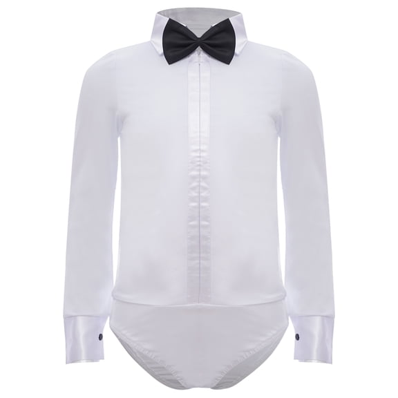 Aislor Boys Latin Dance Shirt Bodysuit Leotard Salsa Tango Ballroom Lapel Romper Tops with Bow Tie White 170