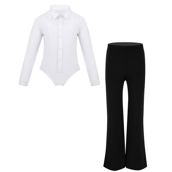 Aislor Boys Latin Salsa Modern Dance Costume Long Sleeve Leotard Shirts with Pants for Professional Jazz Dancewear White&Black 6