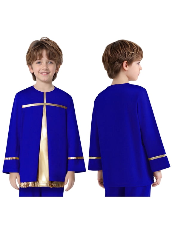Boys Liturgical Praise Dance Pullover Top Choir Gowns Metallic Shiny Tunic Shirt Church Robe Worship Blue 16