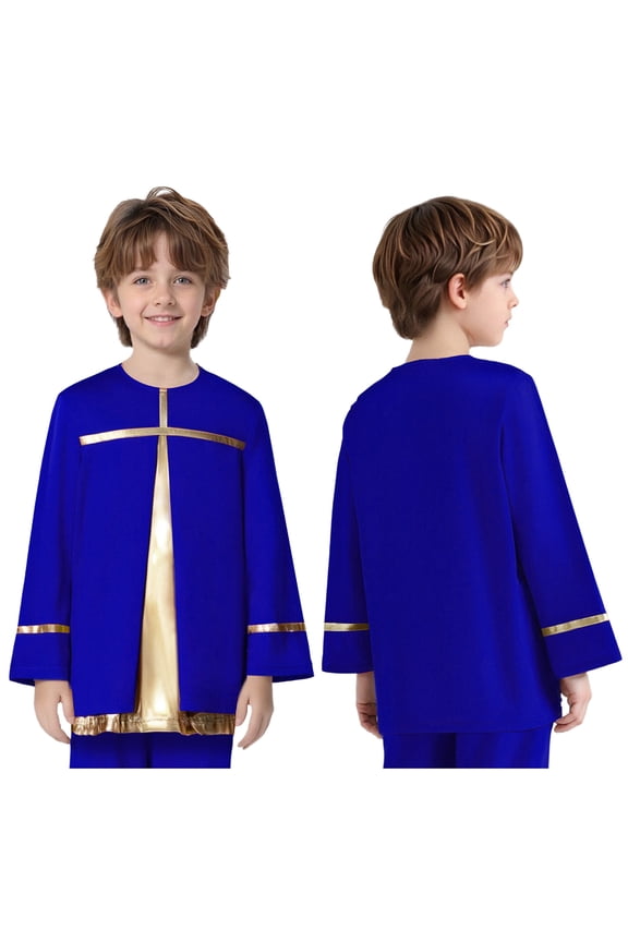 Boys Liturgical Praise Dance Pullover Top Choir Gowns Metallic Shiny Tunic Shirt Church Robe Worship Blue 16