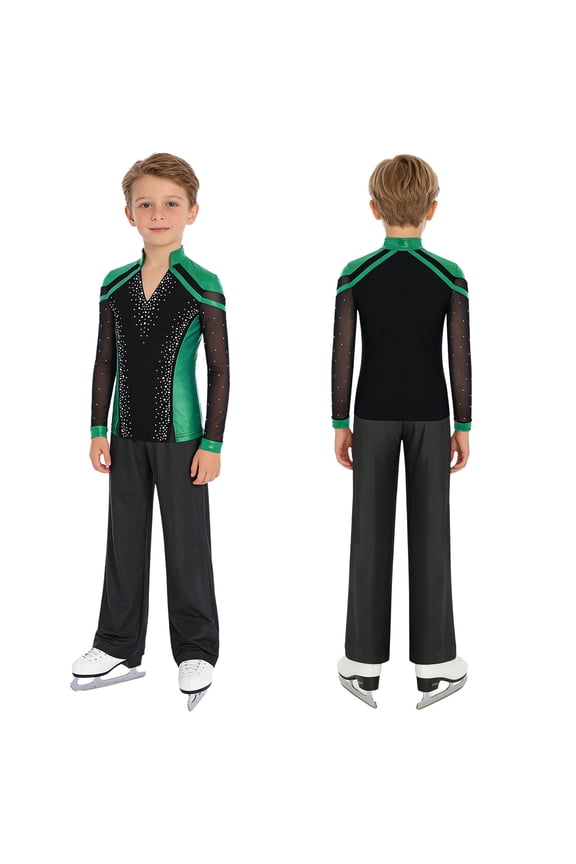 Boys Long Sleeve Rhinestone Figure Ice Skating Tops With Straight Leg Pants Set Competition Green+Black 6