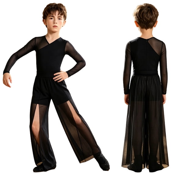 Aislor Boys Lyrical Outfit Long Sleeve V Neck Back Zipper Leotard with Mesh Split Pants Modern Dance Set for Recital Black 10