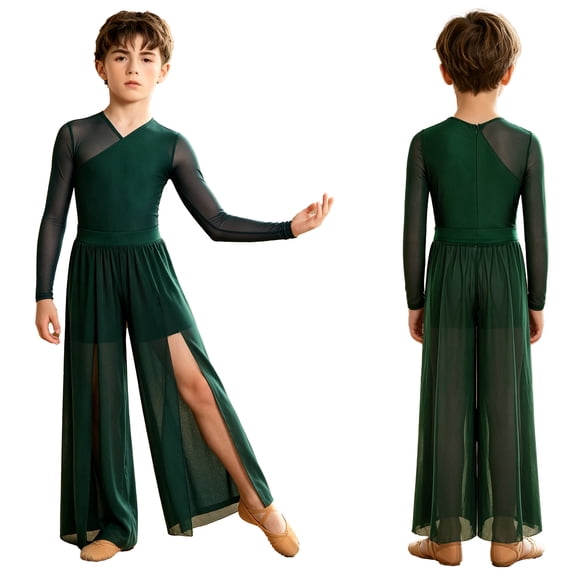 Aislor Boys Lyrical Outfit Long Sleeve V Neck Back Zipper Leotard with Mesh Split Pants Modern Dance Set for Recital Dark Green 6