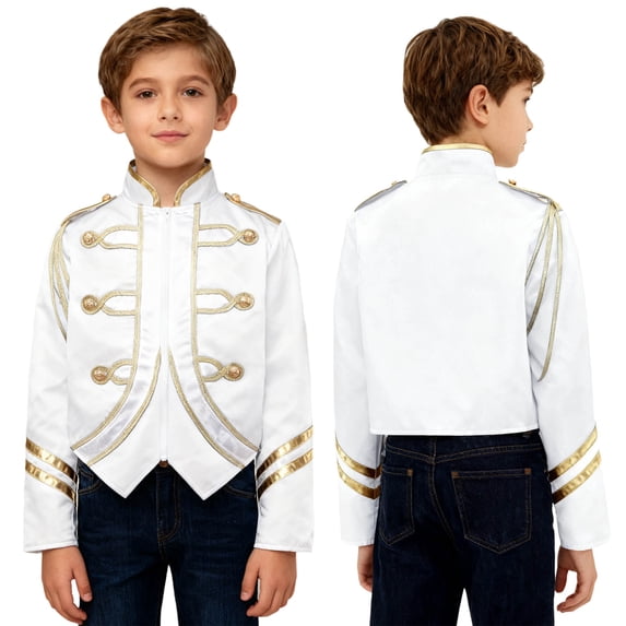 Aislor Boys Marching Band Jacket Drum Major Team Uniform Outwear Long Sleeve Coat Banquet Carnival White 14