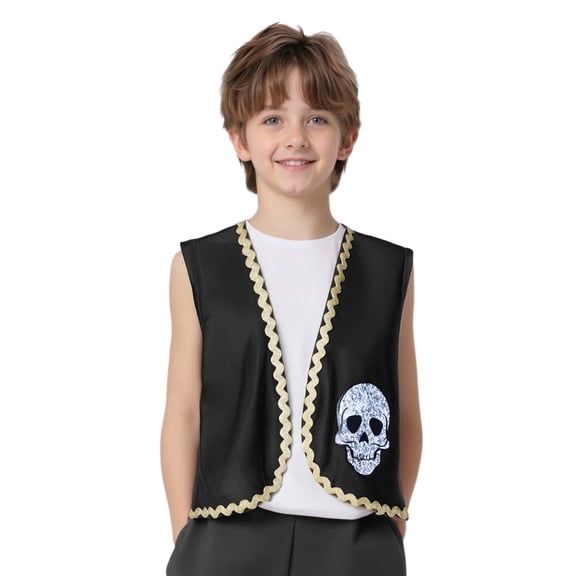 Aislor Boys Pirate Vest Skeleton Print Open Front Waistcoat With Gold Trim For Party Black 16