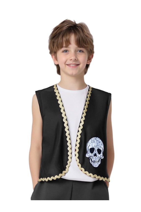 Boys Pirate Vest Skeleton Print Open Front Waistcoat With Gold Trim For Party Black 16