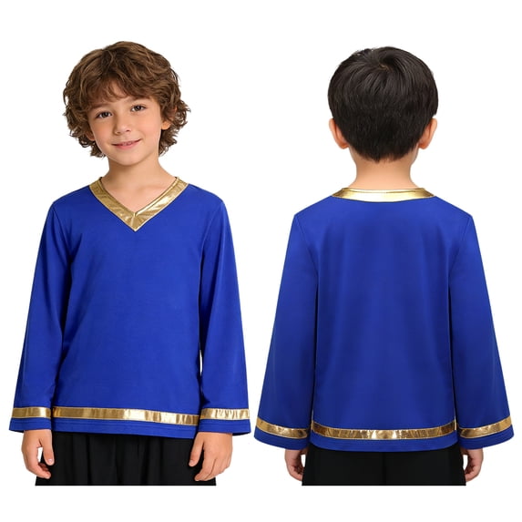 Aislor Boys Praise Dance Pullover Top Long Sleeve Metallic Church Worship Liturgical Dance Shirt Dancewear Blue 6