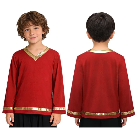 Aislor Boys Praise Dance Pullover Top Long Sleeve Metallic Church Worship Liturgical Dance Shirt Dancewear Red 16