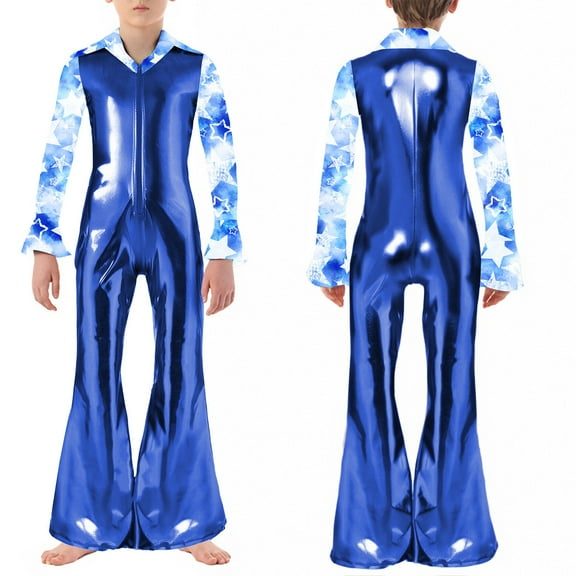 Aislor Boys Retro Costume Print Patchwork Jumpsuit with Long Flare Sleeves Bell-bottoms for Halloween Royal Blue 16