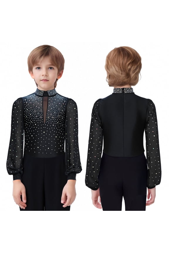 Boys Shiny Long Sleeve Gymnastics Leotard Figure Skating Unitard Latin Ballet Dance Bodysuit Dancewear Black 16