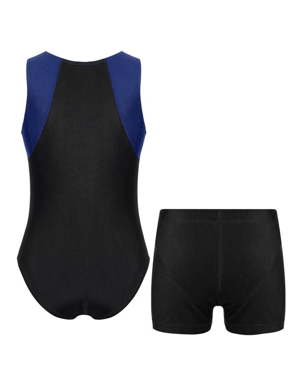 Boys Sleeveless Gymnastics Leotard with Shorts Set Dance Gym Workout Jumpsuit 6-16 Navy Blue&Black 6