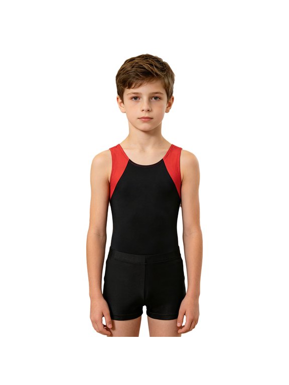 Boys Sleeveless Gymnastics Leotard with Shorts Set Dance Gym Workout Jumpsuit 6-16 Red&Black 6