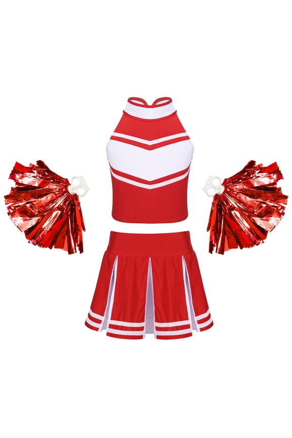 Cheer Leader Costumes for Girls Sleeveless Cheerleading Uniform Dress Outfit with Stockings 2 Pom Poms Red 10