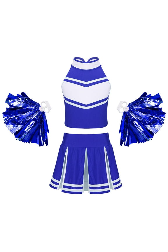 Cheer Leader Costumes for Girls Sleeveless Cheerleading Uniform Dress Outfit with Stockings 2 Pom Poms Royal Blue 6