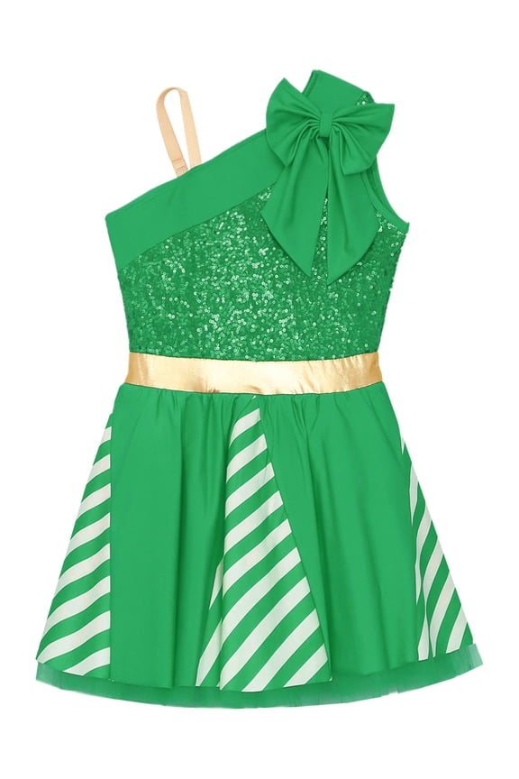 Christmas Party Dance Girls Candy Cane Costume Sleeveless One Shoulder Bowknot Tutu Dress Green 16