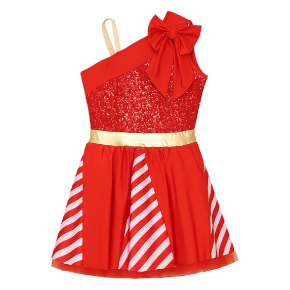 Aislor Christmas Party Dance Girls Candy Cane Costume Sleeveless One Shoulder Bowknot Tutu Dress Red 6
