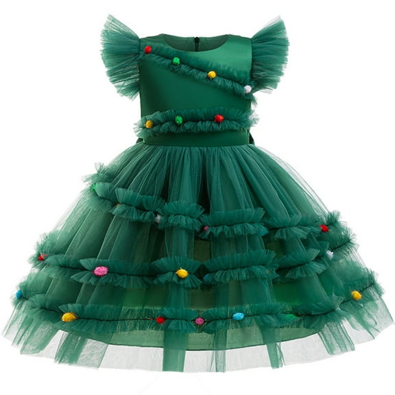 Aislor Christmas Tree Dress for Girls Flying Sleeve Mesh Tulle Dress Holiday Xmas Theme Party Fancy Green 110