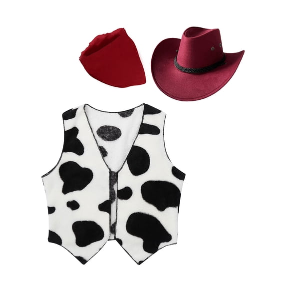 Aislor Cowboy Cowgirl Waistcoat Cow Flannel Vest Coat Halloween Carnival Fancy Dress Up Party Set Burgundy 3