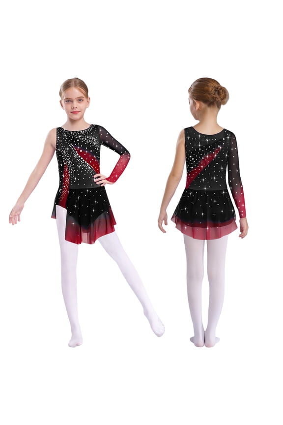 Figure Ice Skating Dress for Girls Shiny Rhinestones Single Long Sleeve Color Block Rhythmic Gymnastics Leotard Burgundy 8