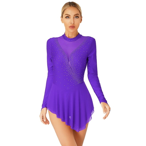 Aislor Figure Skating Dress for Women Long Sleeve Rhinestone Gymnastics Leotard Skating Costumes Purple XXL