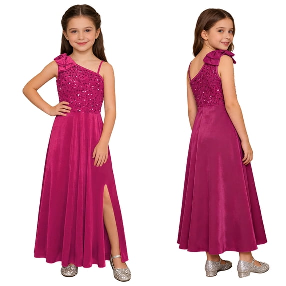 Aislor Flower Girl Sequin Velvet One Shoulder with Bow Slit Wedding Junior Bridesmaid Dress Hot Pink 14