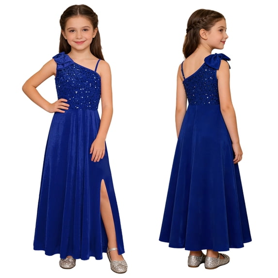 Aislor Flower Girl Sequin Velvet One Shoulder with Bow Slit Wedding Junior Bridesmaid Dress Royal Blue 10
