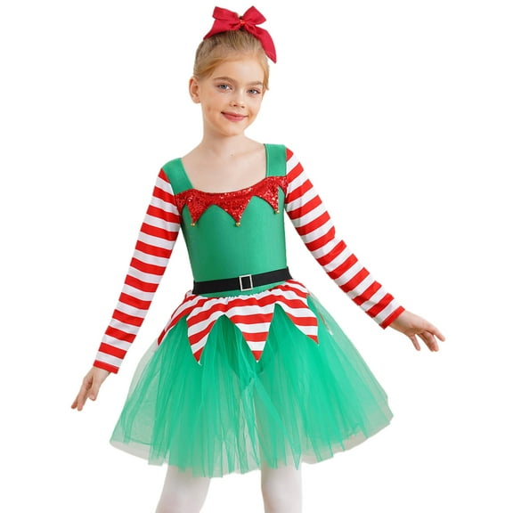 Aislor Girl Christmas Candy Cane Dance Dress Long Sleeve Ballet Gymnastics Tutu Dress Sequins Santa Green 4