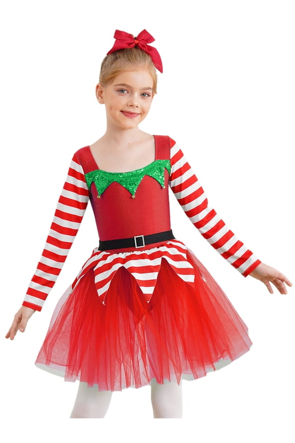 Girl Christmas Candy Cane Dance Dress Long Sleeve Ballet Gymnastics Tutu Dress Sequins Santa Red 16
