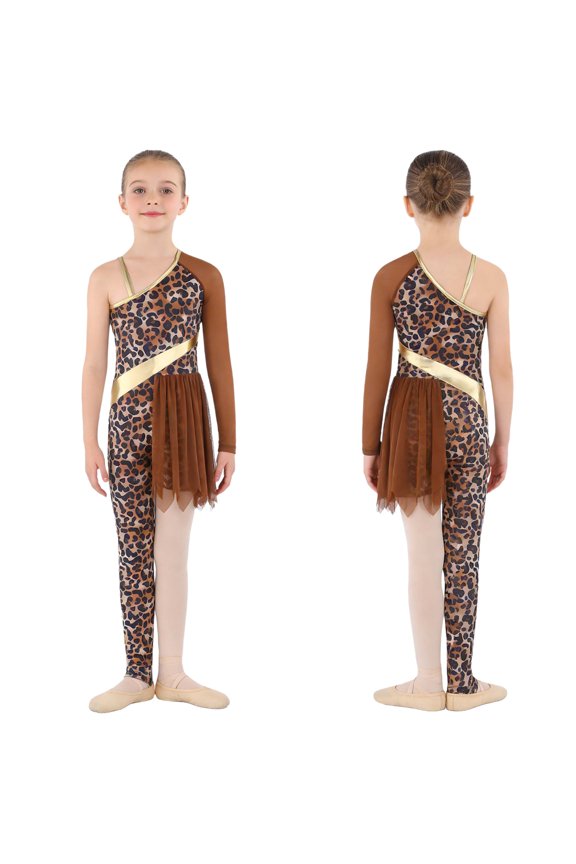 Girl Leopard Print Gymnastics Leotards Dance Biketards Stage Performance Bodysuit Brown 8