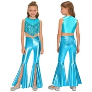 Aislor Girls 2 Pcs 70s Disco Outfits Metallic Gloss Sleeveless Tassels Top with Split Bell-bottom Pants Dance Outift Blue 16