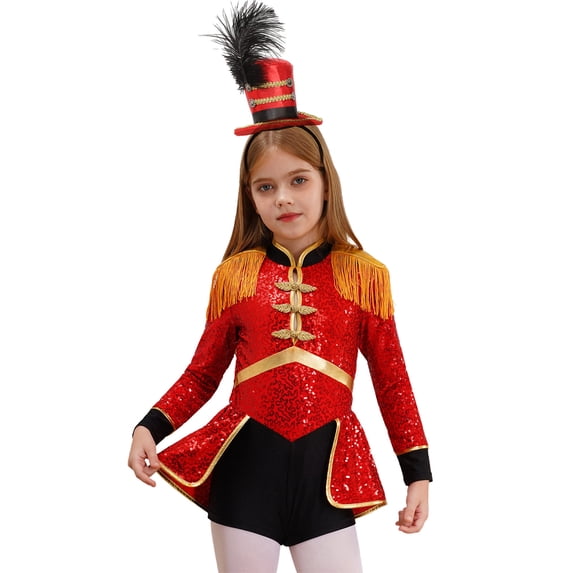 Aislor Girls 2 Piece Circus Ringmaster Magician Drummer Cosplay Sequin Bodysuit with Headwear Red 6