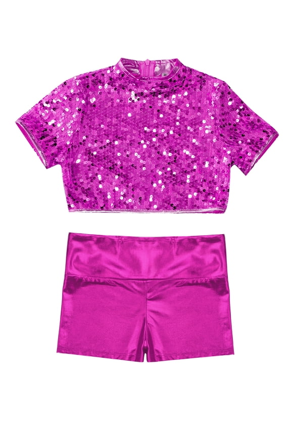Girls 2 Piece Dance Outfit Shiny Metallic Crop Tops with Sequins + Shorts Set Athletic Hot Pink 6