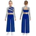 thumbnail image 1 of Aislor Girls 2 Piece Dance Outfits Sparkly Sequin Rhinestone Crop Top with Split Sides Flowy Pants Set Blue 6, 1 of 7