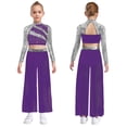 thumbnail image 1 of Aislor Girls 2 Piece Dance Outfits Sparkly Sequin Rhinestone Crop Top with Split Sides Flowy Pants Set Purple 16, 1 of 7